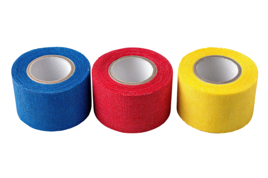 Three rolls of colorful, textured tape with white inner cores against a black background
