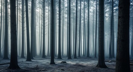 Mysterious forest with tall trees and a foggy atmosphere.