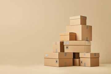 A neat stack of cardboard boxes equipped with global shipping labels sits against a plain backdrop. This scene captures the essence of shipping and logistics