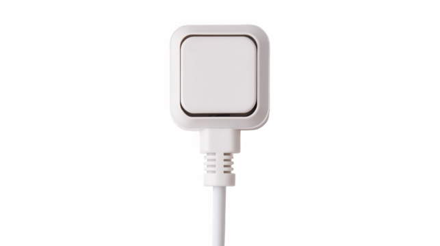 A close up of a white square light switch with a cord  in studio lighting on transparent background