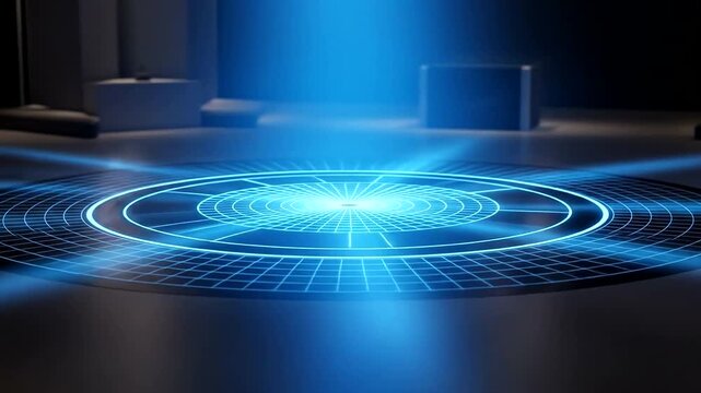 Futuristic holographic interface displaying dynamic patterns in a tech lab