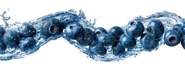 A wave of fresh water wraps around numerous blueberries in a fluid, artistic display