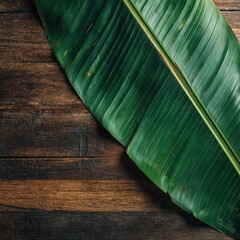 A close-up of a single banana leaf lying on a rustic wooden surface, showcasing the leaf's vibrant green color and detailed texture