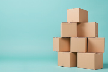 Obraz premium A colorful stack of small cardboard delivery boxes sits against a pastel blue background. The boxes are neatly arranged, showcasing a modern and minimalistic style suitable for various uses