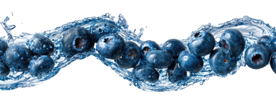 A wave of fresh water wraps around numerous blueberries in a fluid, artistic display