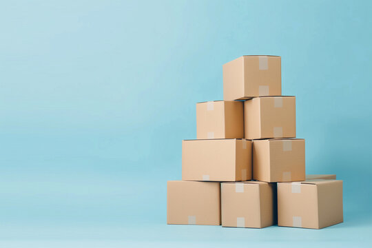 Small cardboard delivery boxes are stacked neatly against a pastel blue background. The arrangement highlights their simplicity and serviceability in shipping and packaging