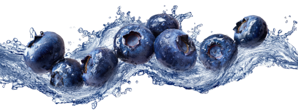 A collection of blueberries, partially submerged in a fluid splash with vibrant colors
