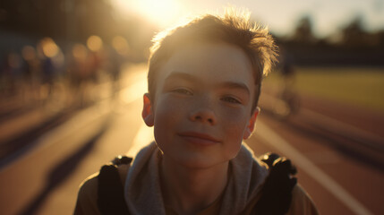 Teen boy on running track smiling, capturing spirit of determination and youthful energy at sunset