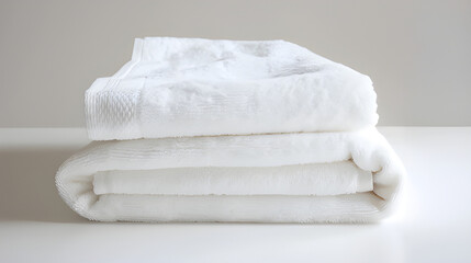 White towel on the bed in the bedroom interior, stack of white towels