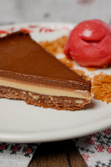 Chocolate cake with a scoop of raspberry sorbet and crumbs on a white plate