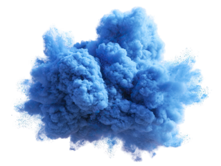 Vivid, isolated, and dynamically lit plume of blue smoke exploding against a stark black backdrop