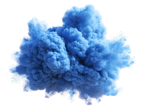 Vivid, isolated, and dynamically lit plume of blue smoke exploding against a stark black backdrop