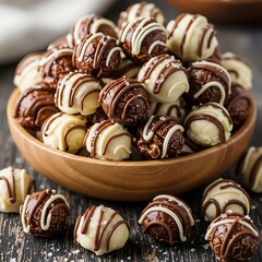 Delicious Chocolate Truffles in a Wooden Bowl, Perfect for Dessert.