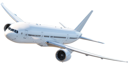 A sleek, white aircraft soaring against a transparent background. Engines and wings clearly defined