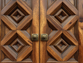 luxurious dark wood cabinet or door texture with symmetrical pattern and old brass knobs