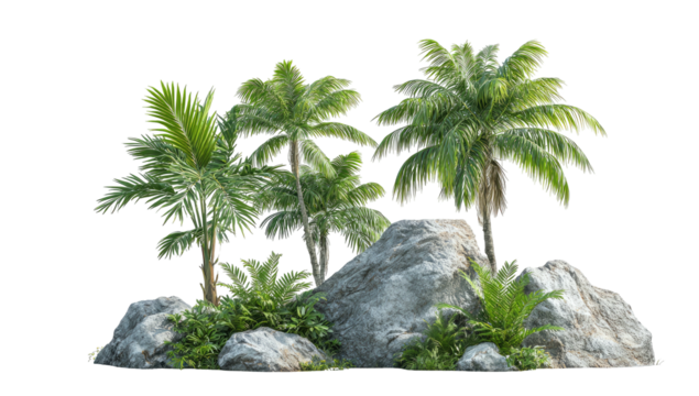 Lush island scene featuring palm trees, large grey rocks, and vibrant tropical foliage, all rendered against a black background