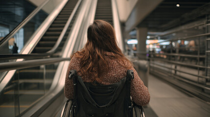 Woman in wheelchair facing escalator, representing urban public access challenges for people with mobility disability