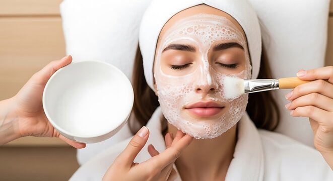 Woman receiving facial mask treatment at spa.