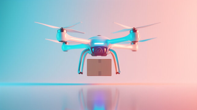 A futuristic delivery drone hovers in a studio with vibrant lighting, showcasing its capabilities to transport packages efficiently. The sleek design highlights its advanced technology