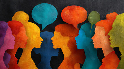 oil painting of colorful diverse crowd profiles facing each other on a dark textured background