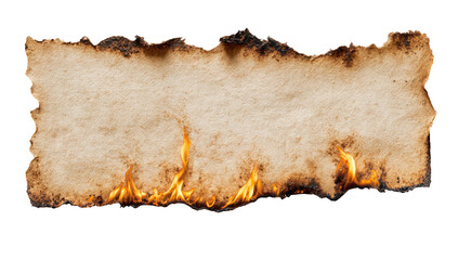 A piece of ancient paper with edges charred by fire, flames at its bottom
