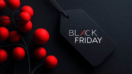 Black Friday sale offering shopping discounts on a textured tag with decorative red balls, promoting retail promotions