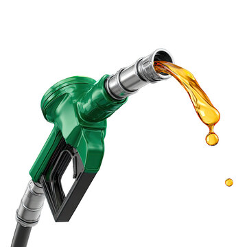 Close-up view of a green gas pump dispensing liquid fuel, droplets falling, black background