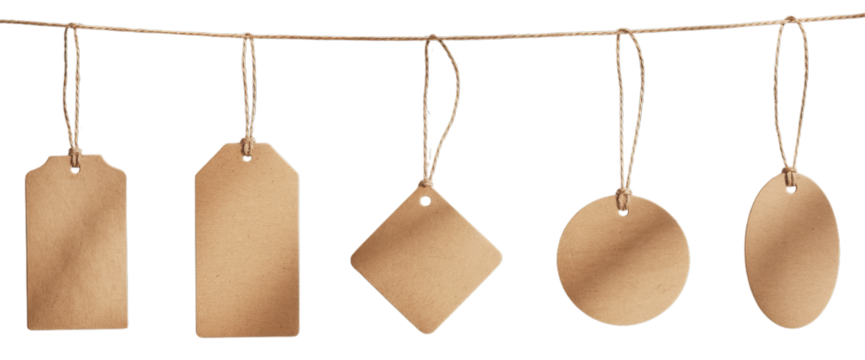 Blank brown paper tags of various shapes hanging on a rustic string, isolated on white with copy space.