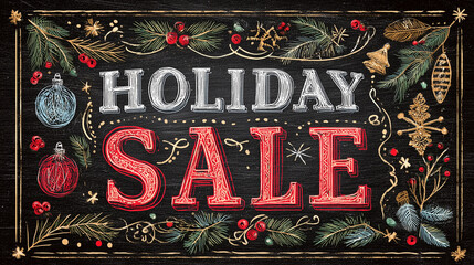 Holiday sale design on a chalkboard with hand drawn christmas decorations, a festive retail marketing background