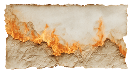 A torn, burnt, aged parchment with flames across its lower portion, against a dark background