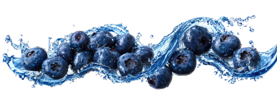 A cluster of dark-blue berries appear as though they are being splashed by water with a black background