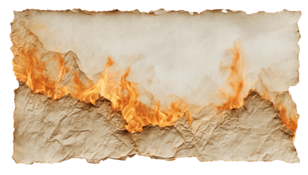 A torn, burnt, aged parchment with flames across its lower portion, against a dark background