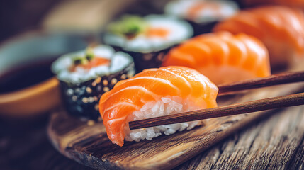 Salmon nigiri being picked up by chopsticks. Fresh Japanese sushi assortment including maki rolls on a rustic wooden board