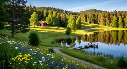 Idyllic Lakeside Retreat - A Serene Swedish Summer Scene.