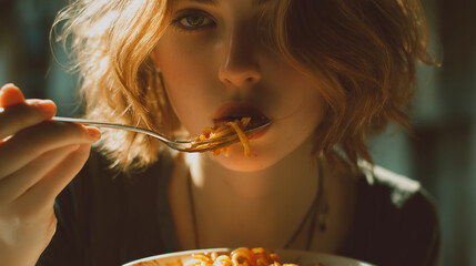Young woman eating pasta with a spoon and fork, enjoying a delicious meal. Close-up on her face, food, and dining experience