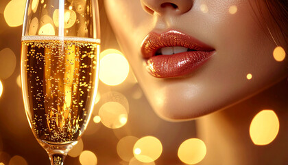 Celebratory Sip: Captivating close-up of a woman with lustrous, full lips gently holding a glass of sparkling champagne, as the golden bubbles effervesce creating a luxurious and festive experience.