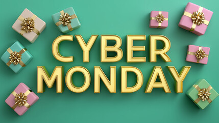 Golden Cyber Monday text with elegant gift boxes, illustrating online shopping sales, promotions, and holiday discounts