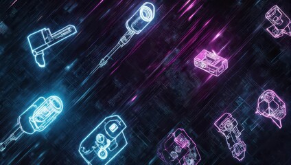 Futuristic, neon-outlined tech components scattered across a digital, textured background