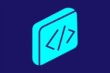The image features a stylized icon representing code or programming, set against a dark blue or indigo background