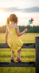 Girl on Fence with Pinwheel Enjoying Sunset.