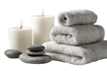 A tranquil scene depicts lit candles beside folded white towels, rocks, suggesting relaxation and serenity