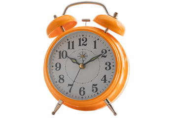 Vibrant Orange Vintage Alarm Clock on Transparent PNG Background Symbolizing Urgency.