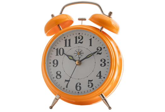 Vibrant Orange Vintage Alarm Clock on Transparent PNG Background Symbolizing Urgency.