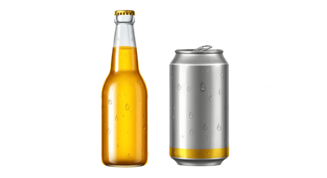 bottle of beer whit a beer can isolated on white png background.