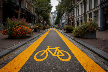 Obraz premium A bike lane is painted on the street with a yellow line