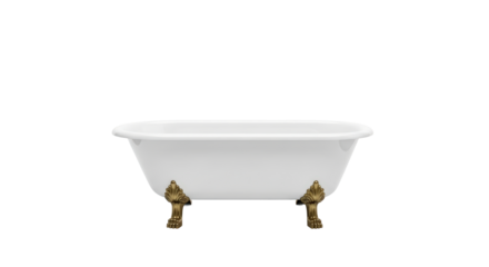 Vintage white clawfoot bathtub with ornate brass feet isolated on transparent background