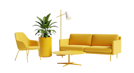 Modern yellow sofa chair and plant isolated on transparent background