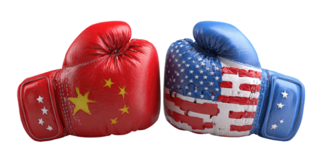 Two boxing gloves, one Chinese flag-inspired and one American, facing off, symbolizing conflict