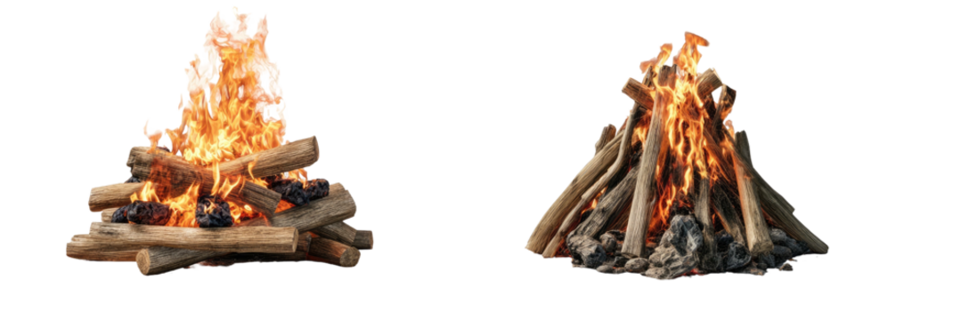 Two campfires burning brightly against a black background, showcasing flames and stacked wood