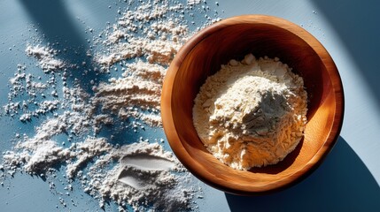 Wooden bowl filled with finely sifted flour on a blue surface